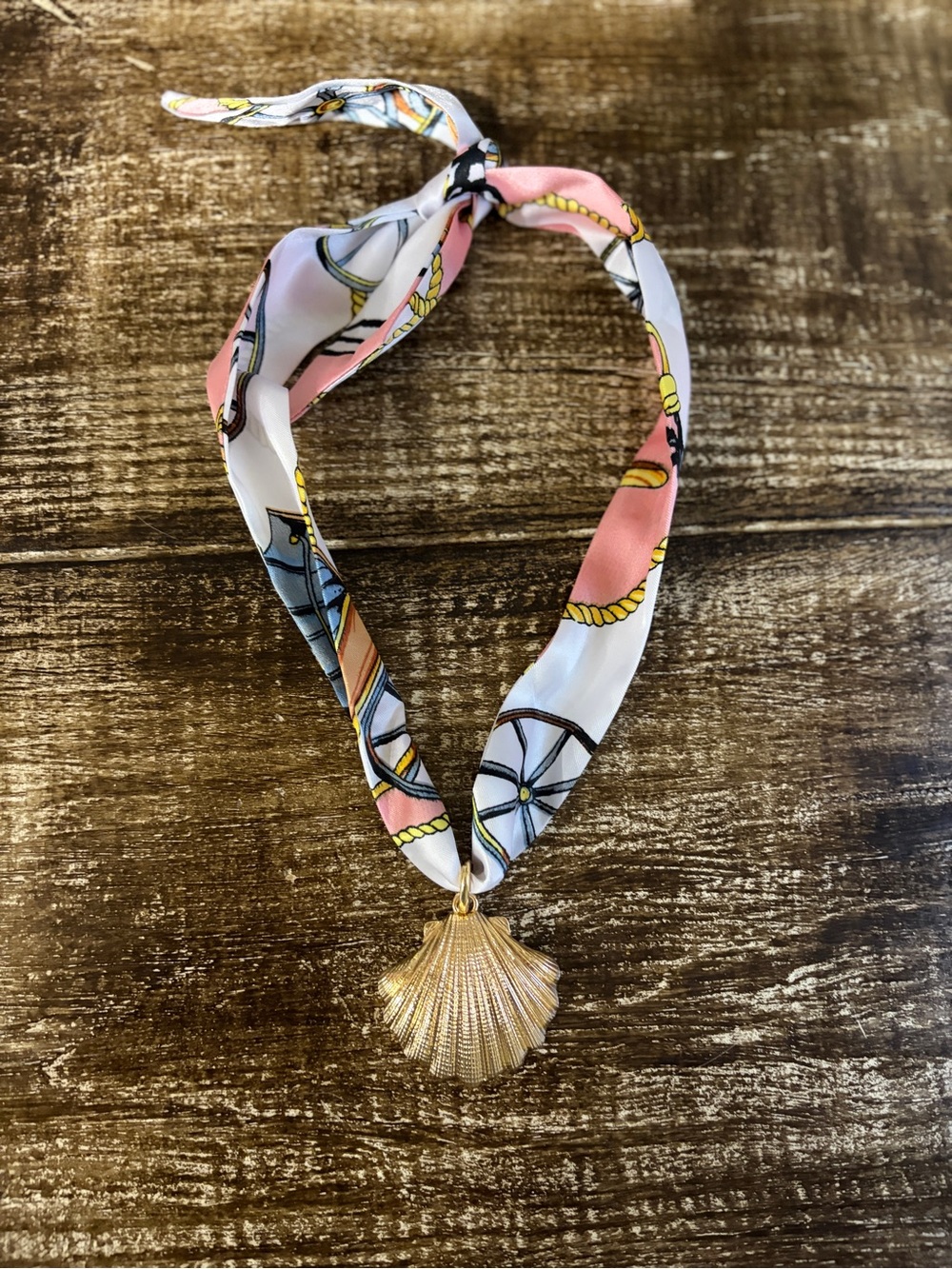 Silk Scarf Necklace with Gold Shell Pendant - Pink & White